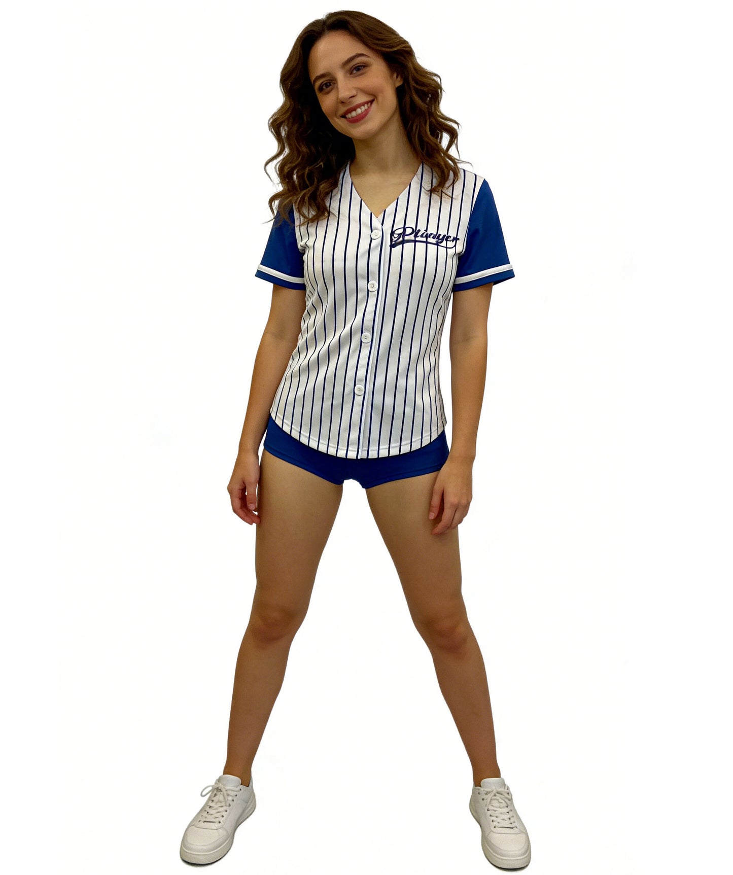HPO Women’s Fun Baseball Costume | Blue & White Pinstripe Jersey & Shorts | Sporty Cosplay, Halloween, Party, Stage & Roleplay Outfit