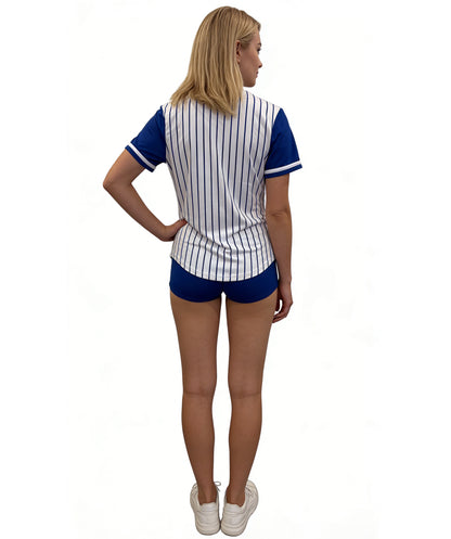 HPO Women’s Fun Baseball Costume | Blue & White Pinstripe Jersey & Shorts | Sporty Cosplay, Halloween, Party, Stage & Roleplay Outfit