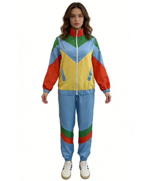 HPO Women’s Multicolor Shellsuit Costume | Retro Track Jumpsuit Outfit | Ideal for Cosplay, Halloween, 80s Theme Party, Stage & Roleplay