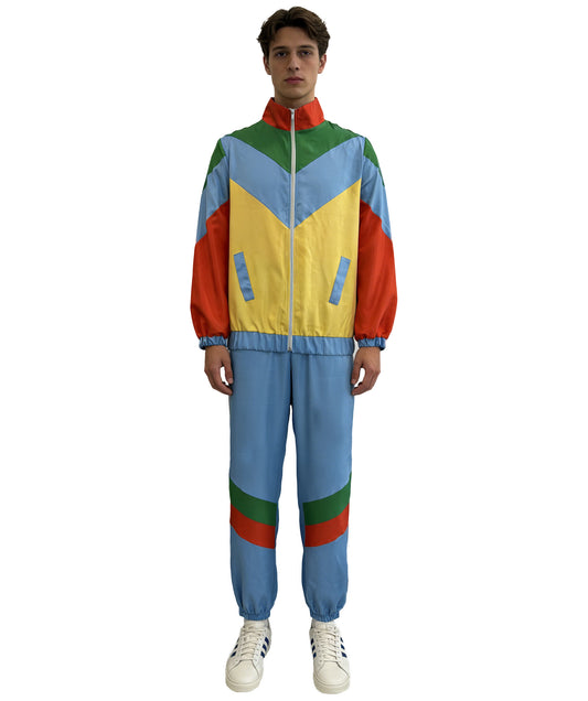 HPO Men’s Multicolor Shellsuit Costume | Retro Track Jumpsuit Outfit | Ideal for Cosplay, Halloween, 80s-Theme Parties, Stage & Roleplay