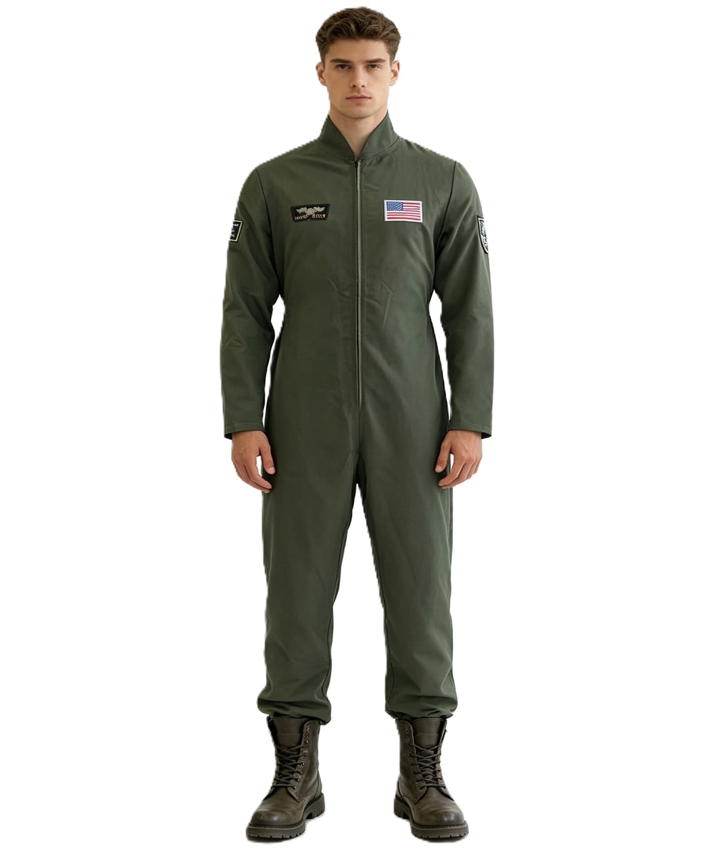 HPO Men’s Aviator Costume | Dark Green Flight Jumpsuit with Patches | Cosplay, Halloween, Stage, Military-Themed Parties & Roleplay