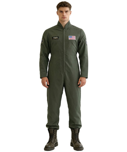 HPO Men’s Aviator Costume | Dark Green Flight Jumpsuit with Patches | Cosplay, Halloween, Stage, Military-Themed Parties & Roleplay