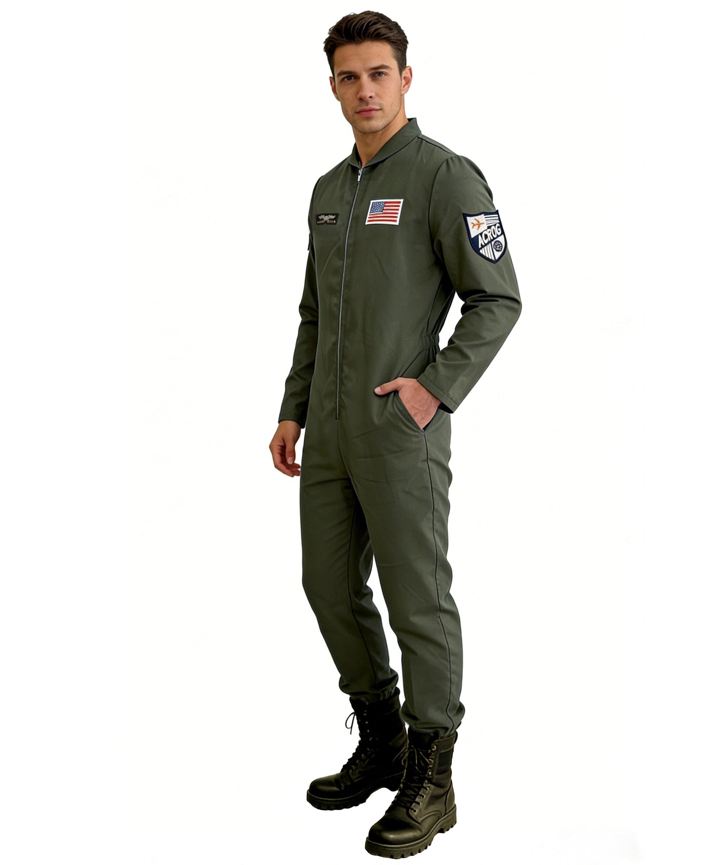 HPO Men’s Aviator Costume | Dark Green Flight Jumpsuit with Patches | Cosplay, Halloween, Stage, Military-Themed Parties & Roleplay