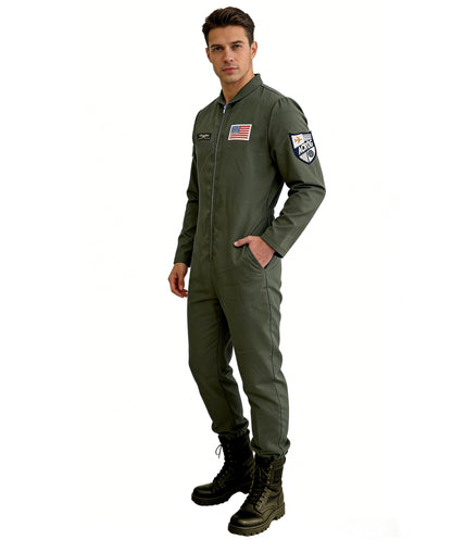 HPO Men’s Aviator Costume | Dark Green Flight Jumpsuit with Patches | Cosplay, Halloween, Stage, Military-Themed Parties & Roleplay