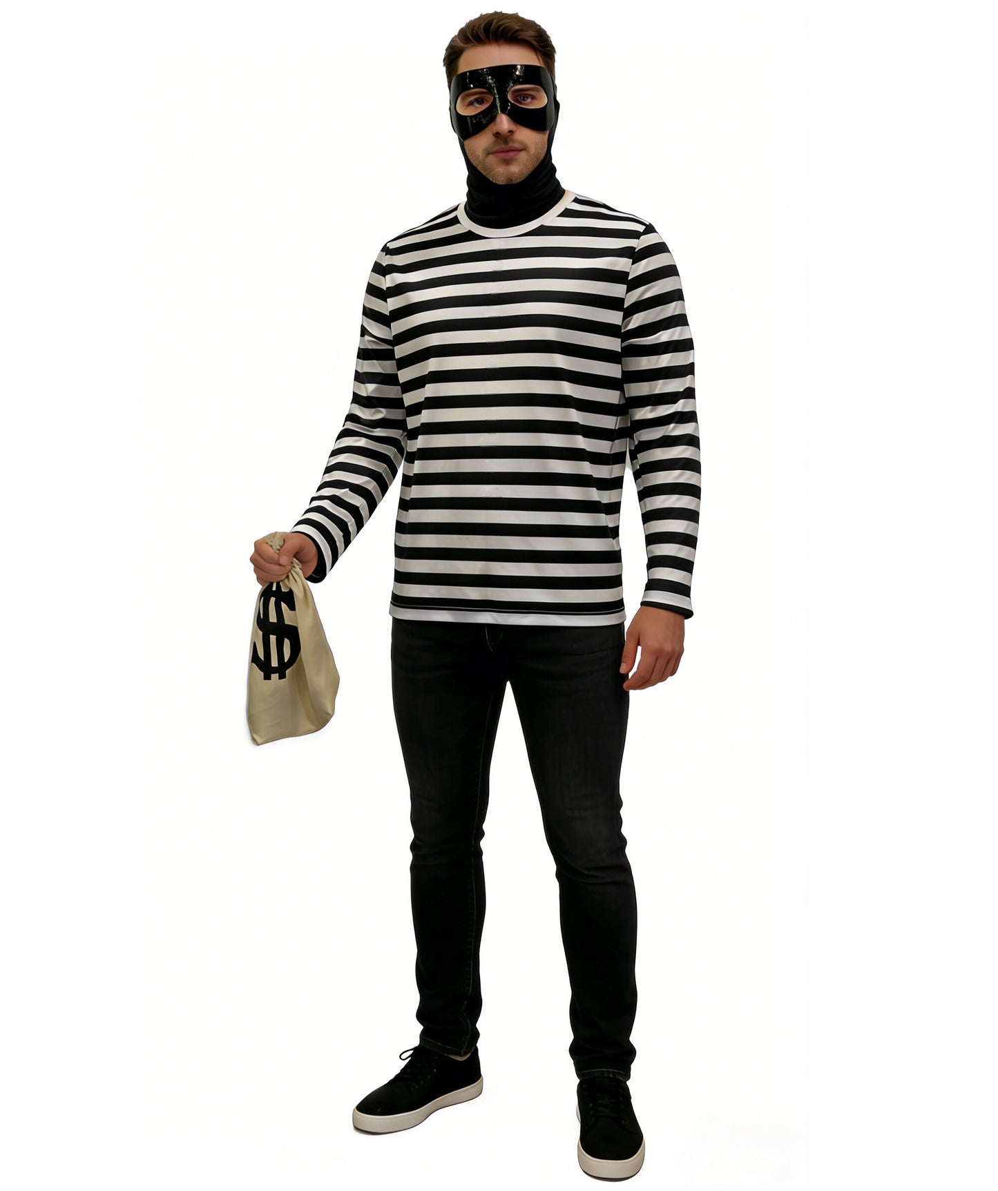 HPO Men’s Burglar Costume | Black & White Striped Top with Eyemask & Swag Bag |Cosplay, Halloween, Stage, Party & Roleplay Outfit
