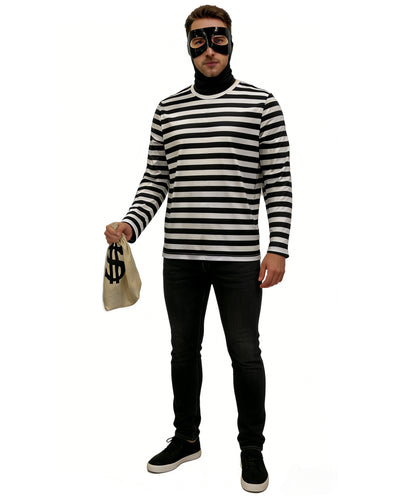 HPO Men’s Burglar Costume | Black & White Striped Top with Eyemask & Swag Bag |Cosplay, Halloween, Stage, Party & Roleplay Outfit