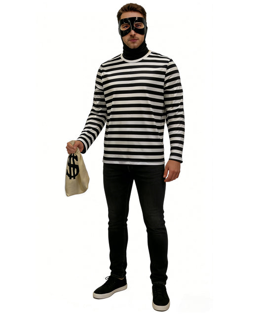 HPO Men’s Burglar Costume | Black & White Striped Top with Eyemask & Swag Bag |Cosplay, Halloween, Stage, Party & Roleplay Outfit