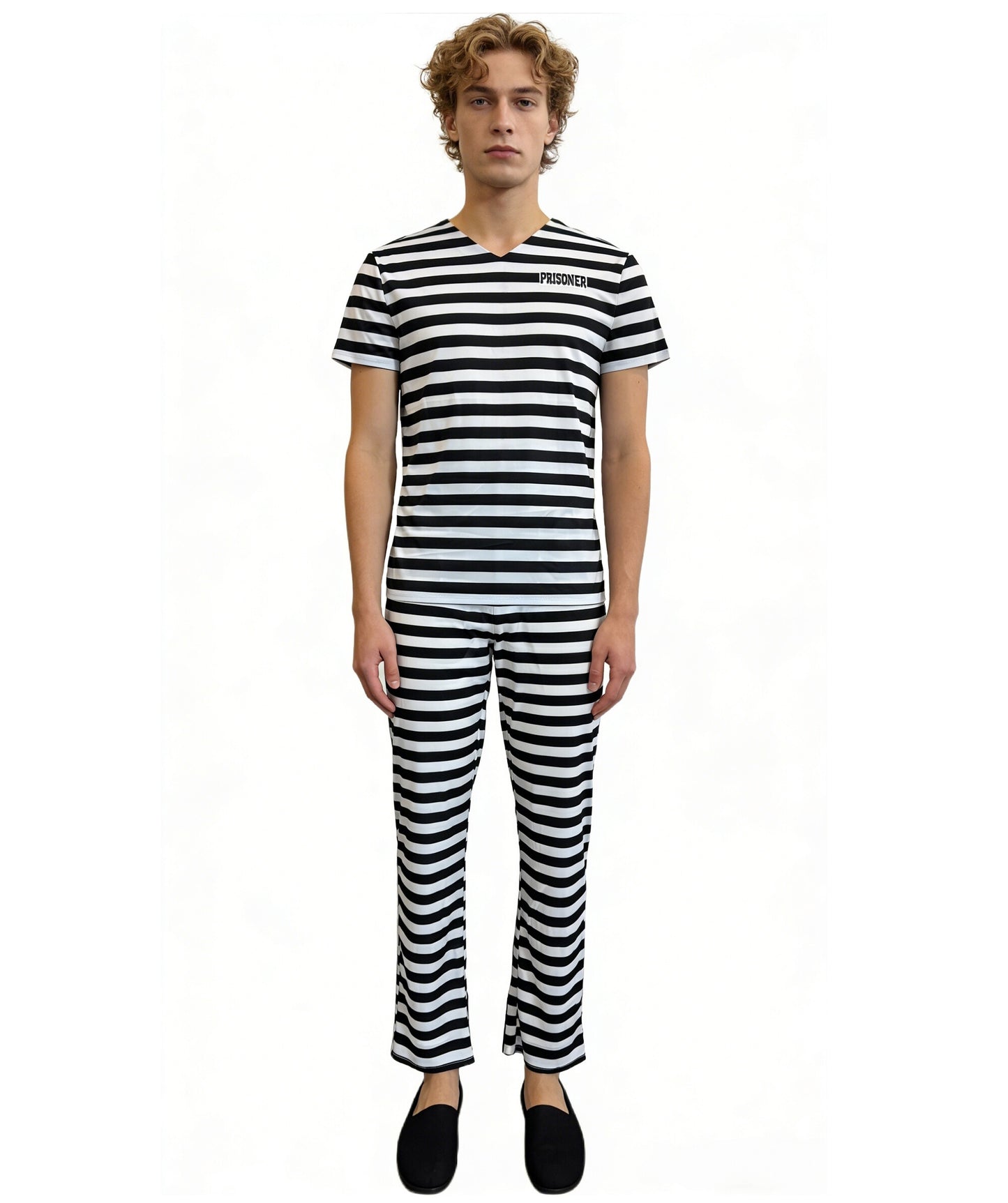 HPO Men’s Prisoner Costume | Classic Black & White Striped Top and Pants | Cosplay, Halloween, Stage, Roleplay & Themed Party Outfit