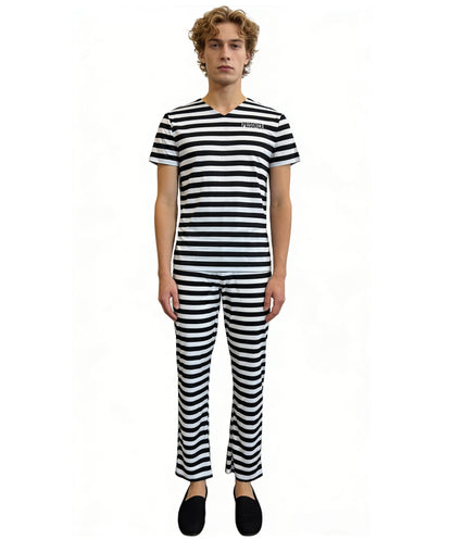 HPO Men’s Prisoner Costume | Classic Black & White Striped Top and Pants | Cosplay, Halloween, Stage, Roleplay & Themed Party Outfit