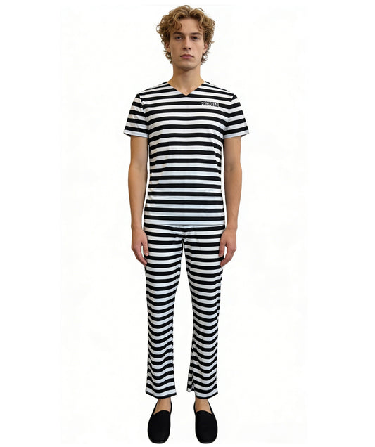 HPO Men’s Prisoner Costume | Classic Black & White Striped Top and Pants | Cosplay, Halloween, Stage, Roleplay & Themed Party Outfit