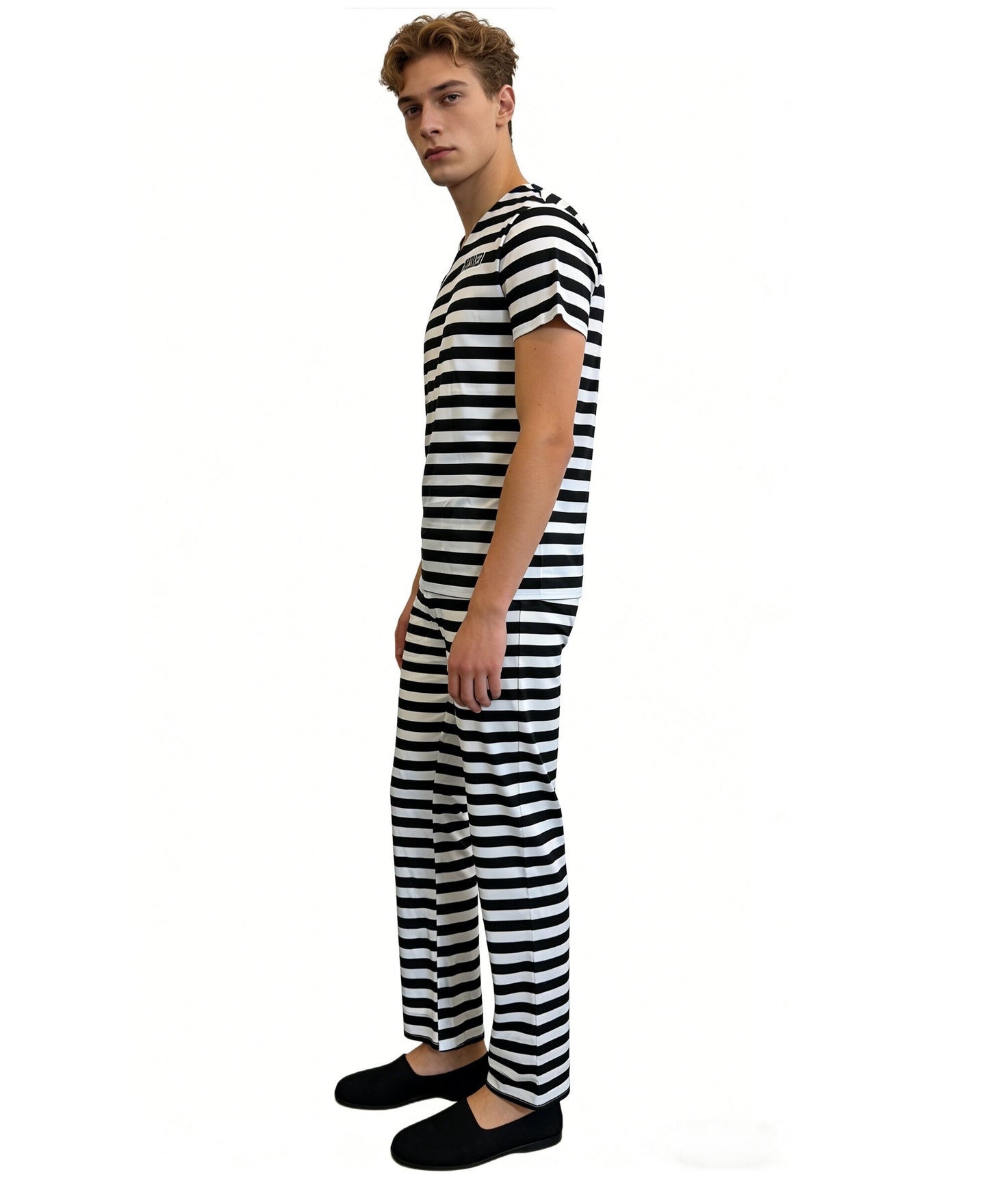 HPO Men’s Prisoner Costume | Classic Black & White Striped Top and Pants | Cosplay, Halloween, Stage, Roleplay & Themed Party Outfit