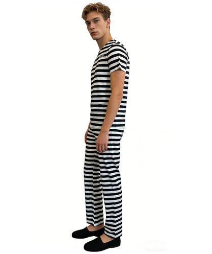 HPO Men’s Prisoner Costume | Classic Black & White Striped Top and Pants | Cosplay, Halloween, Stage, Roleplay & Themed Party Outfit