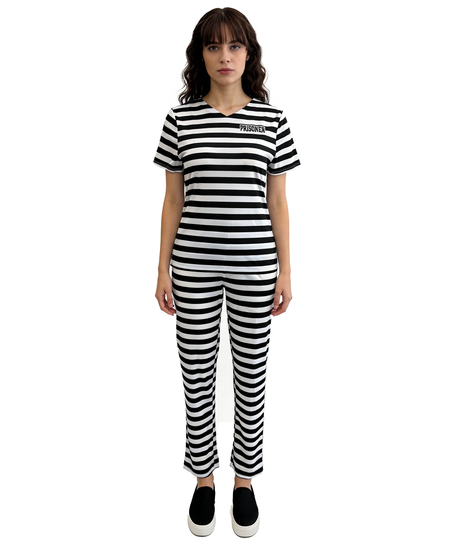 HPO Women’s Prisoner Costume | Black & White Striped Top and Pants | Cosplay, Halloween, Stage, Roleplay & Themed Party Outfit