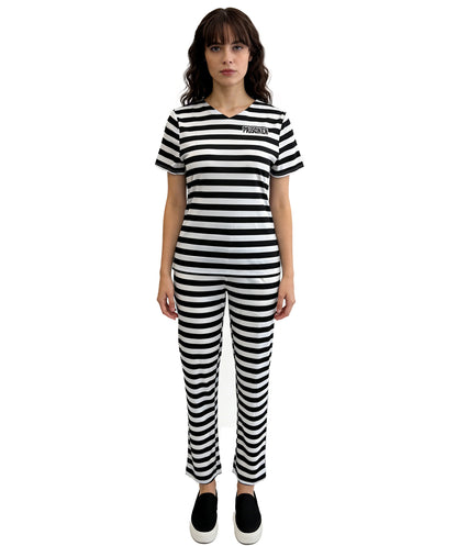 HPO Women’s Prisoner Costume | Black & White Striped Top and Pants | Cosplay, Halloween, Stage, Roleplay & Themed Party Outfit