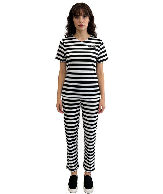 HPO Women’s Prisoner Costume | Black & White Striped Top and Pants | Cosplay, Halloween, Stage, Roleplay & Themed Party Outfit