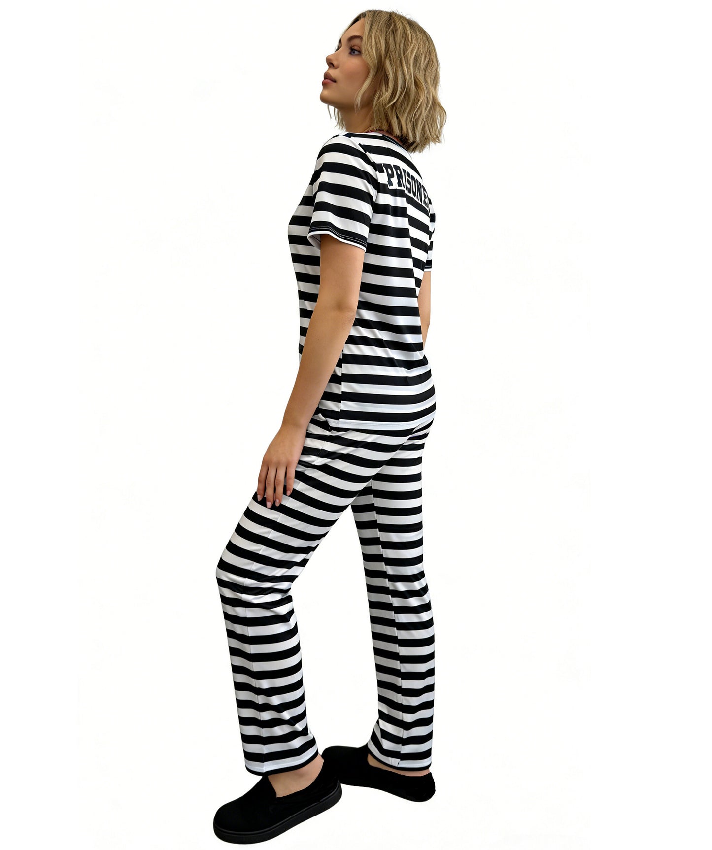 HPO Women’s Prisoner Costume | Black & White Striped Top and Pants | Cosplay, Halloween, Stage, Roleplay & Themed Party Outfit
