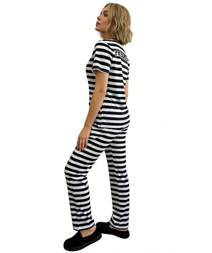 HPO Women’s Prisoner Costume | Black & White Striped Top and Pants | Cosplay, Halloween, Stage, Roleplay & Themed Party Outfit