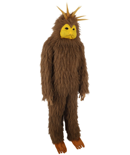 HPO Unisex Furry Brown & Yellow Bird Monster Costume Set with Head Mask| Perfect for Halloween| Flame-retardant Synthetic Fabric
