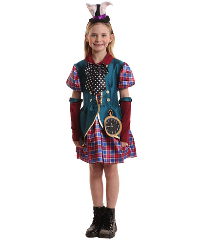 HPO Girls Fantasy Tea Party Mad Hatter Costume| Suitable for Halloween | Flame-retardant Synthetic Fabric
