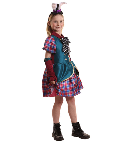 HPO Girls Fantasy Tea Party Mad Hatter Costume| Suitable for Halloween | Flame-retardant Synthetic Fabric