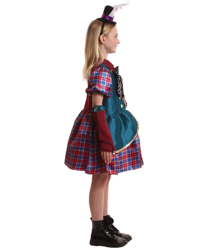 HPO Girls Fantasy Tea Party Mad Hatter Costume| Suitable for Halloween | Flame-retardant Synthetic Fabric