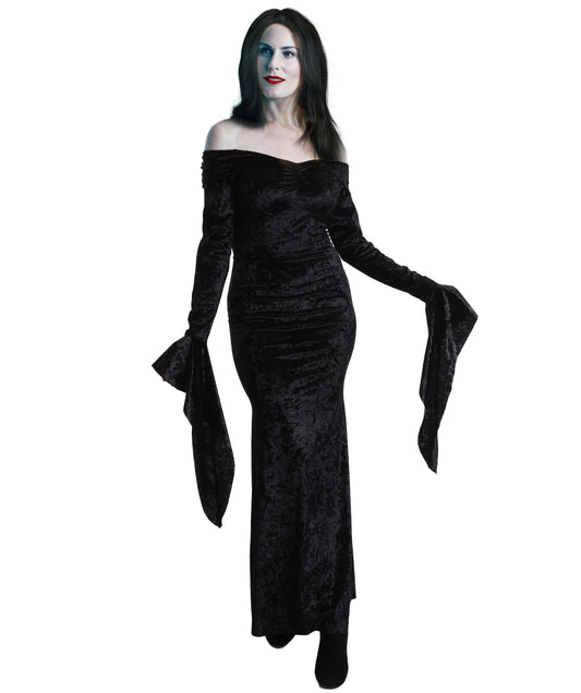HPO Women Adult Morticia Black Costume | Long Gothic Dress with Flared Sleeves | Elegant Morticia Outfit for Halloween, Cosplay, Stage Acts & Spooky-Themed Events