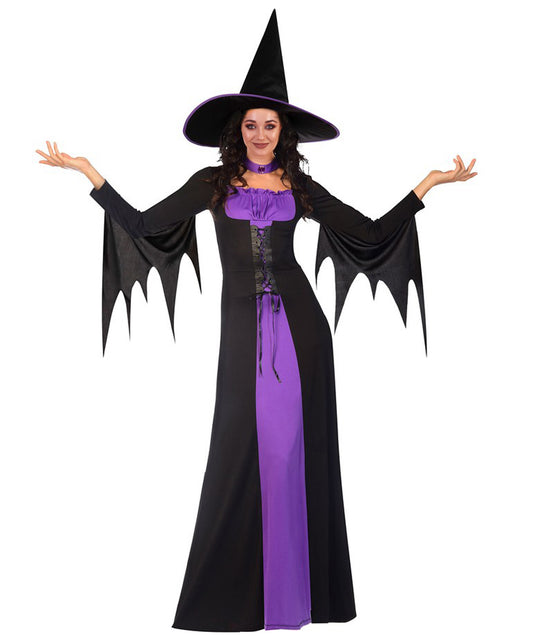 HPO Adult Women's Classic Witch Black and Purple Costume | Layered Dress with Pointed Hat and Waist Belt | Classic Witch Outfit for Halloween Costume Roleplay & Themed Events