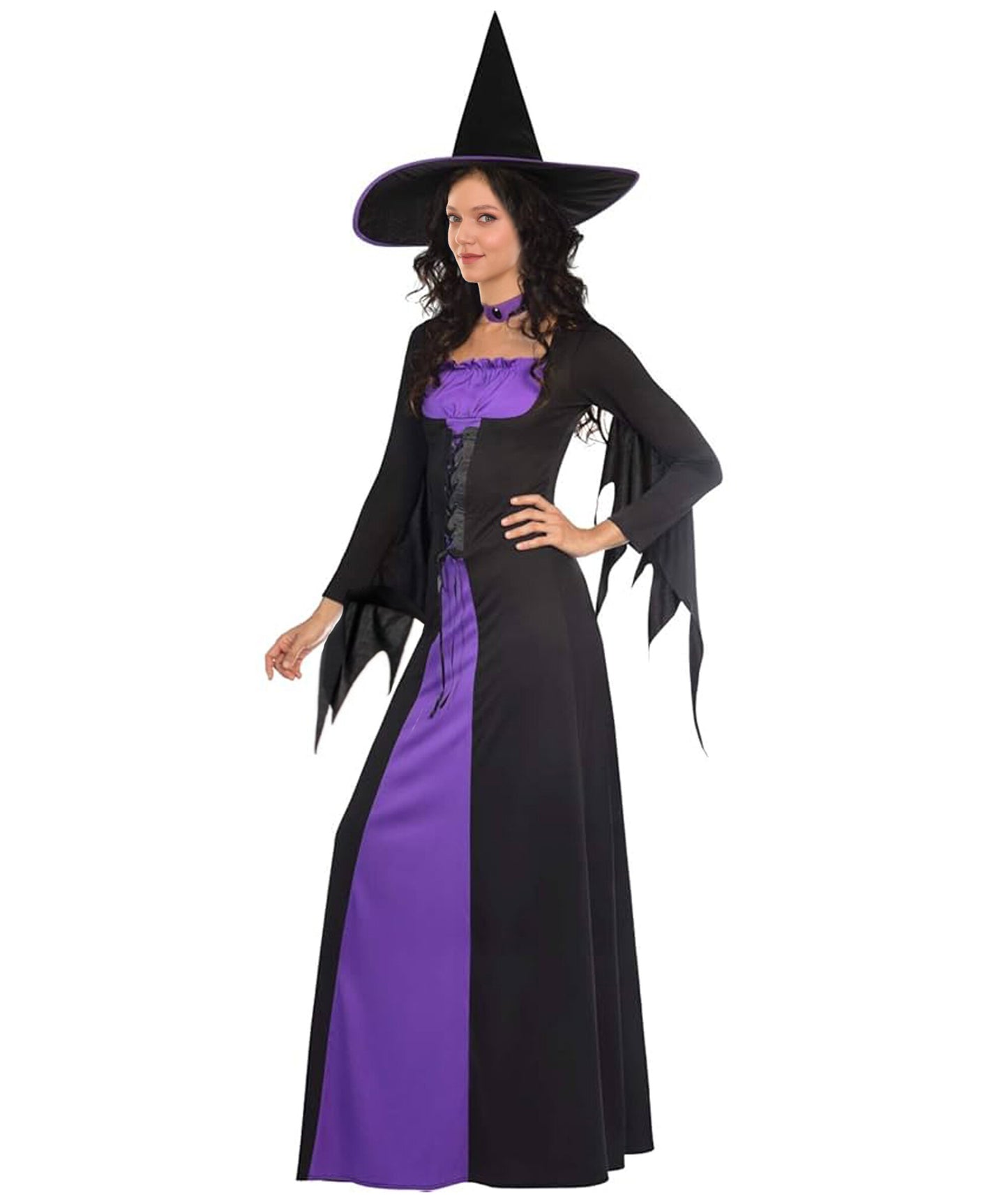 HPO Adult Women's Classic Witch Black and Purple Costume | Layered Dress with Pointed Hat and Waist Belt | Classic Witch Outfit for Halloween Costume Roleplay & Themed Events