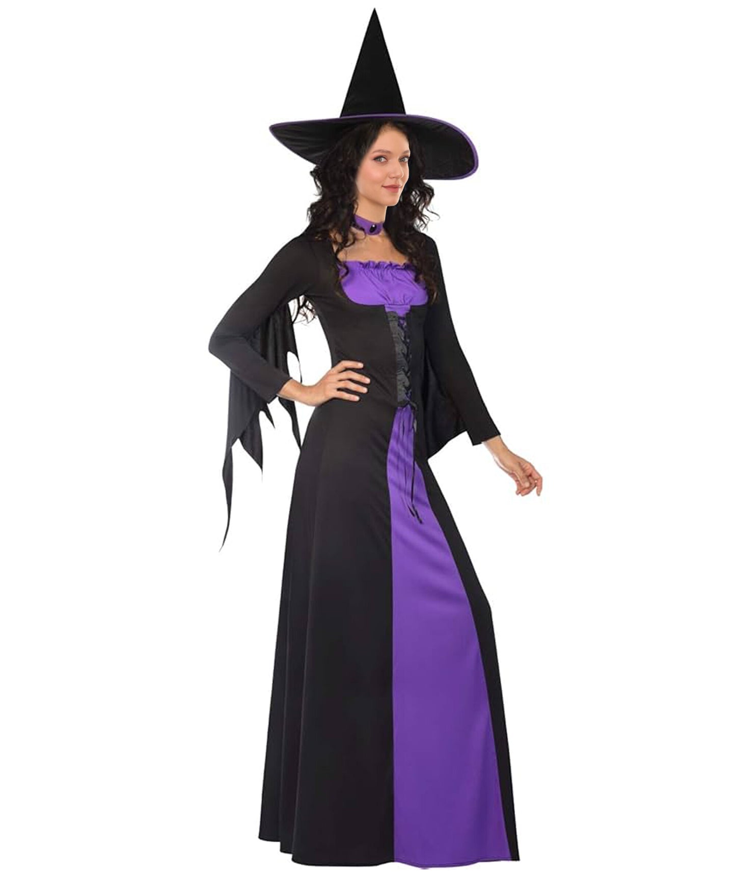 HPO Adult Women's Classic Witch Black and Purple Costume | Layered Dress with Pointed Hat and Waist Belt | Classic Witch Outfit for Halloween Costume Roleplay & Themed Events