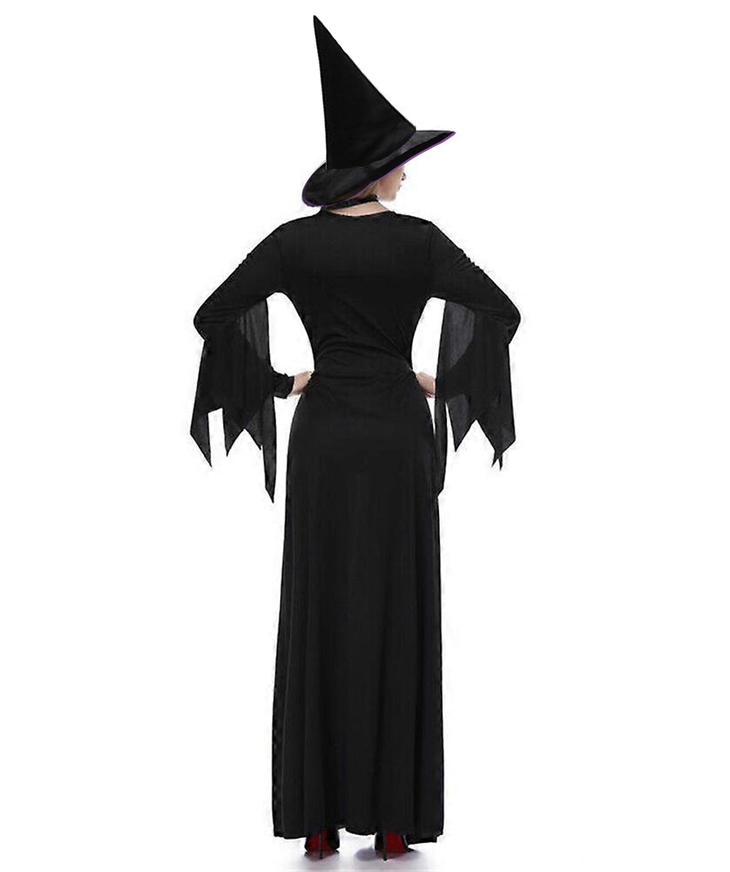 HPO Adult Women's Classic Witch Black and Purple Costume | Layered Dress with Pointed Hat and Waist Belt | Classic Witch Outfit for Halloween Costume Roleplay & Themed Events