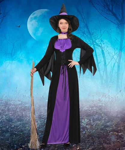 HPO Adult Women's Classic Witch Black and Purple Costume | Layered Dress with Pointed Hat and Waist Belt | Classic Witch Outfit for Halloween Costume Roleplay & Themed Events