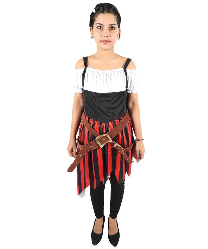 HPO Women Red and Black Costume High Seas Buccaneer Style Pirate Dress | Women’s Medieval Pirate Outfit with Lace-Up Bodice and Flowing Skirt