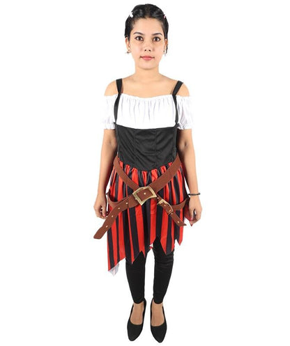 HPO Women Red and Black Costume High Seas Buccaneer Style Pirate Dress | Women’s Medieval Pirate Outfit with Lace-Up Bodice and Flowing Skirt