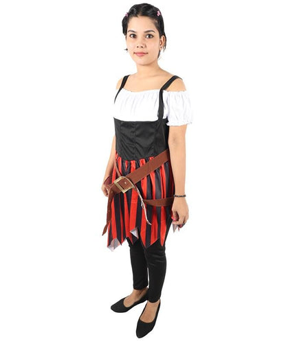 HPO Women Red and Black Costume High Seas Buccaneer Style Pirate Dress | Women’s Medieval Pirate Outfit with Lace-Up Bodice and Flowing Skirt