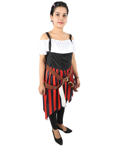 HPO Women Red and Black Costume High Seas Buccaneer Style Pirate Dress | Women’s Medieval Pirate Outfit with Lace-Up Bodice and Flowing Skirt