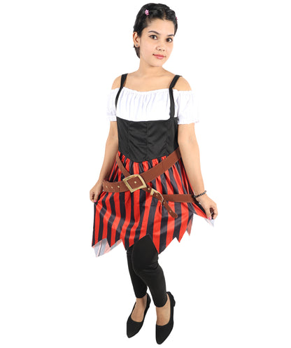 HPO Women Red and Black Costume High Seas Buccaneer Style Pirate Dress | Women’s Medieval Pirate Outfit with Lace-Up Bodice and Flowing Skirt