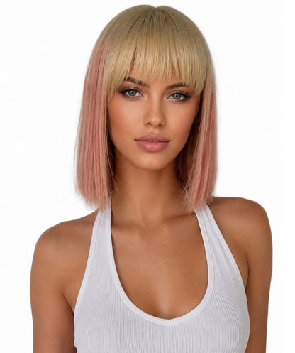 Women’s Straight Blonde and Pink Bob Wig | Shoulder Length Hairpiece with Standard Cap | Ideal for Halloween, Cosplay & Parties