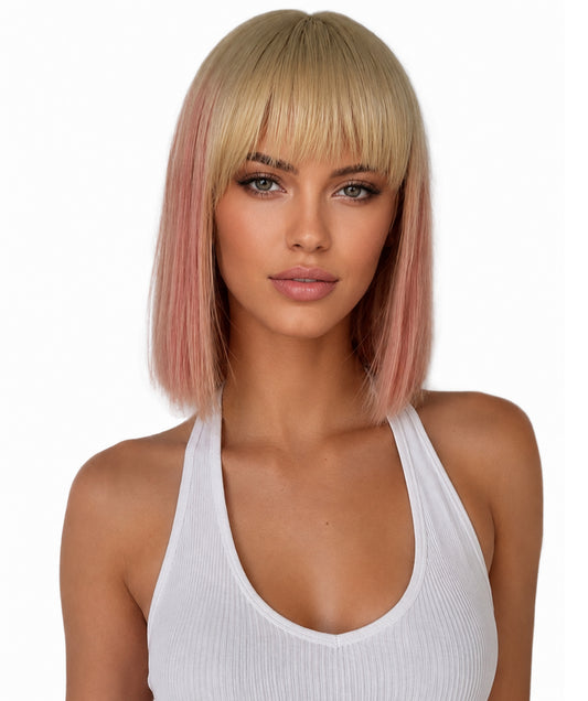 Women’s Straight Blonde and Pink Bob Wig | Shoulder Length Hairpiece with Standard Cap | Ideal for Halloween, Cosplay & Parties