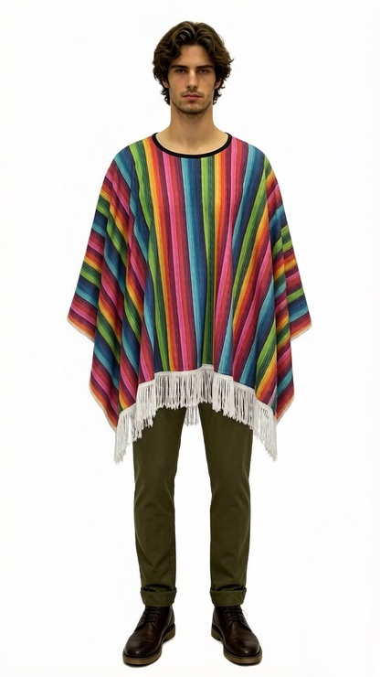 HPO Men's Traditional Serape Outfit | Multicolored Striped Jersey Cape Tassel Fringe Hemline Loose Pullover Layer | Halloween Cosplay Theater Drag Performance Costume Events