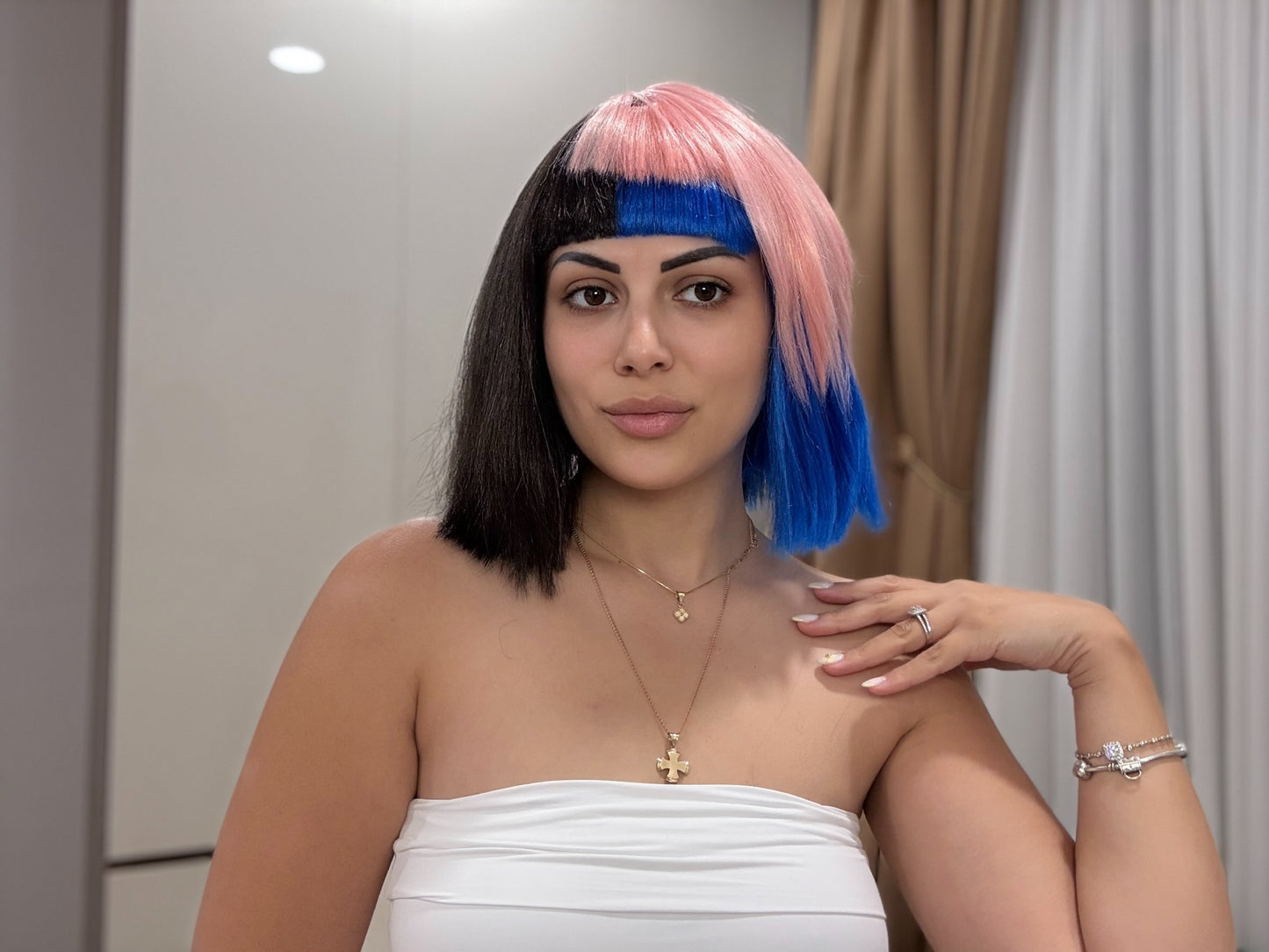 HPO Womens Bob Wig | Black, Pink, & Blue Celebrity Wig | Premium Breathable Capless Cap