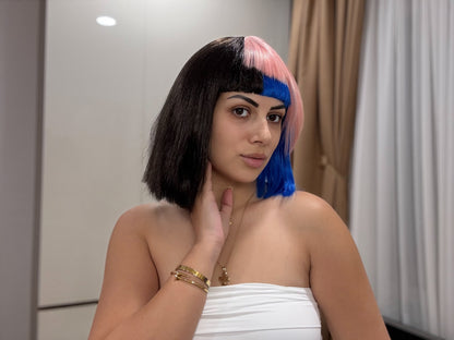 HPO Womens Bob Wig | Black, Pink, & Blue Celebrity Wig | Premium Breathable Capless Cap