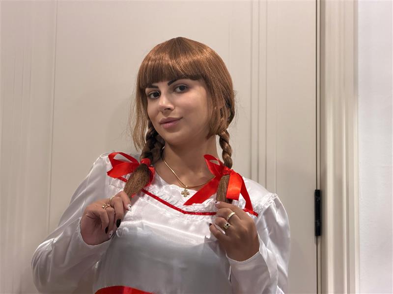 Animated Movie Horror Doll | Brown Braided Pigtails with Red Ribbons Movie Icon Wig | Premium Halloween Wig