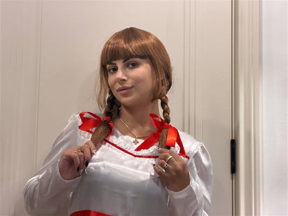 Animated Movie Horror Doll | Brown Braided Pigtails with Red Ribbons Movie Icon Wig | Premium Halloween Wig