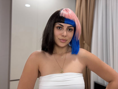 HPO Womens Bob Wig | Black, Pink, & Blue Celebrity Wig | Premium Breathable Capless Cap