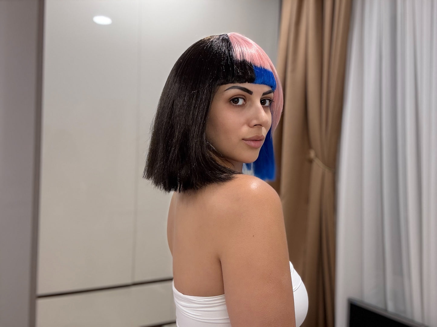 HPO Womens Bob Wig | Black, Pink, & Blue Celebrity Wig | Premium Breathable Capless Cap