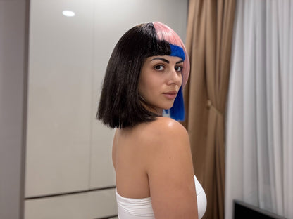 HPO Womens Bob Wig | Black, Pink, & Blue Celebrity Wig | Premium Breathable Capless Cap