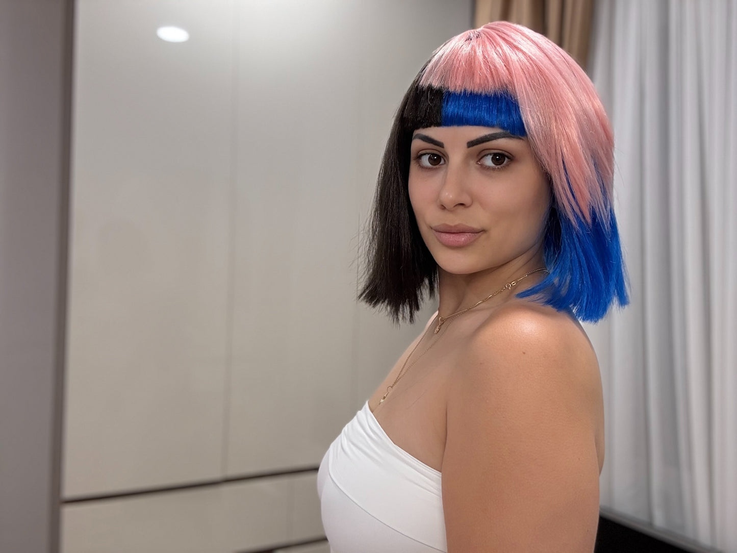 HPO Womens Bob Wig | Black, Pink, & Blue Celebrity Wig | Premium Breathable Capless Cap