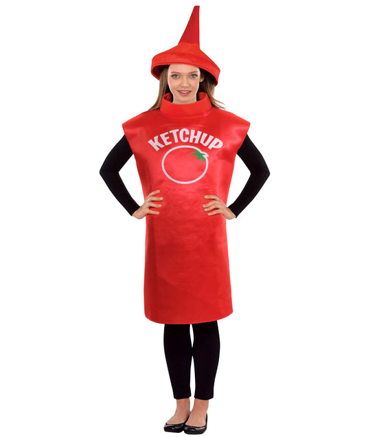 HPO Ketchup Red Costume | Red Bottle Tunic with Label Print | Funny Food-Themed Outfit for Halloween Parties Festivals Cosplay & Group Dress-Up