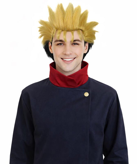 Adult Men's Black & Blonde Cosplay Anime Character Spiky Hair Wig | Perfect for Halloween | Flame-retardant Synthetic Fiber