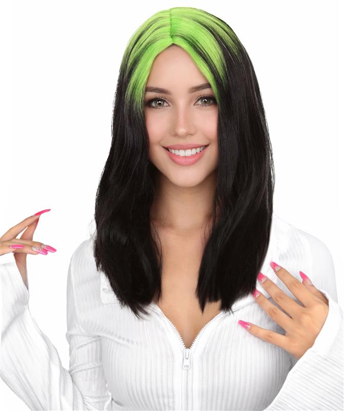 Billie Pop 80's Mullet | Black Wig with Neon Green Roots and Choppy Bangs | Premium Halloween Wig